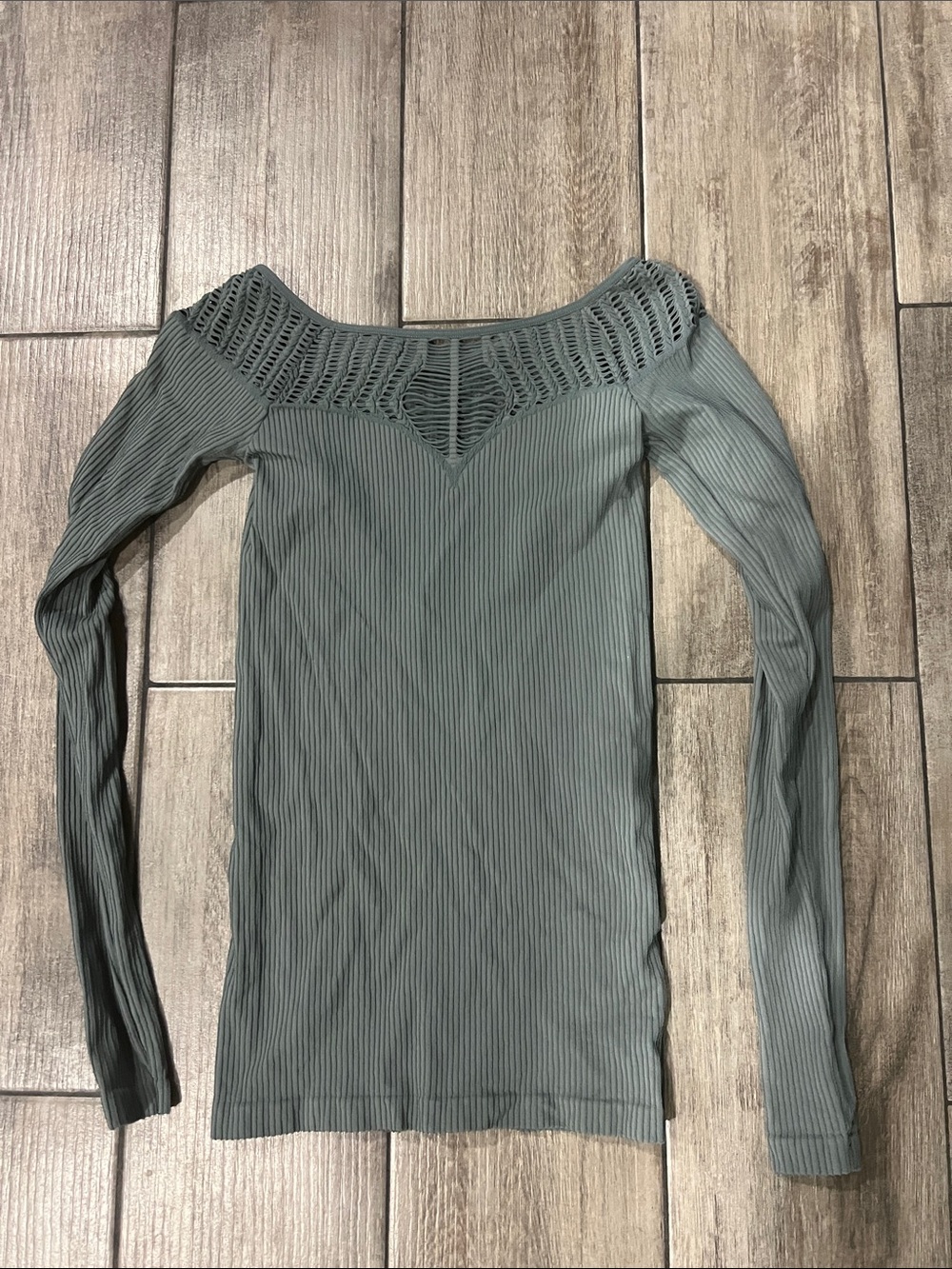 Free People Sage Green Ribbed Long Sleeve Top with Crochet Yoke